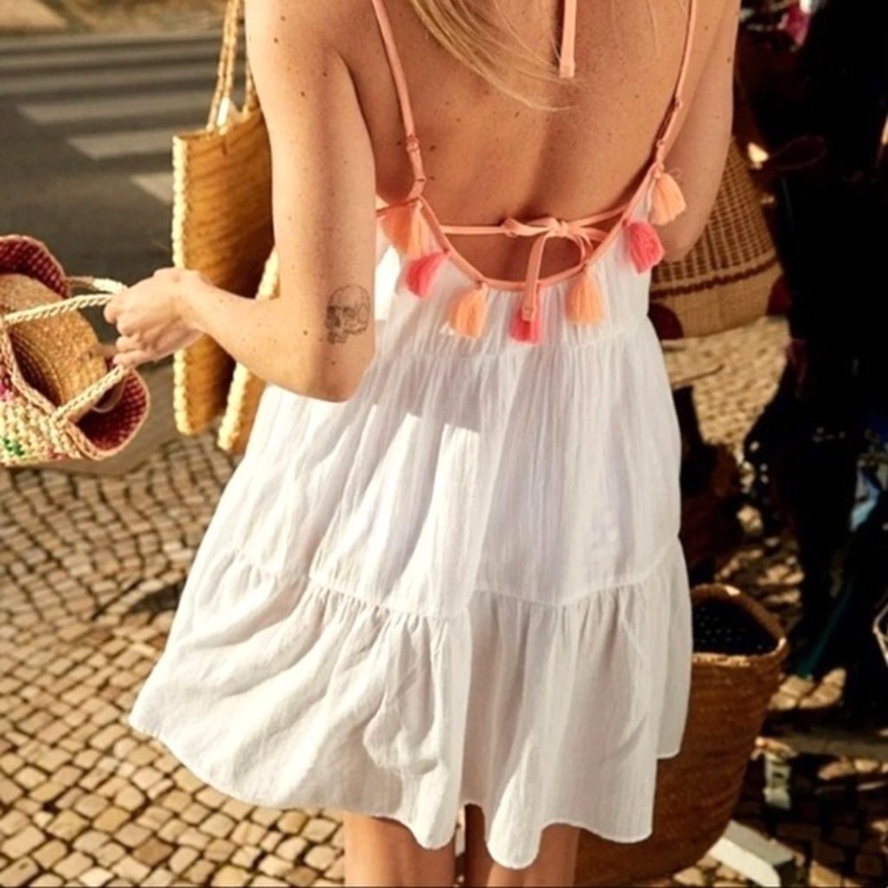 aerie White Tiered Swim Coverup with Pink Tassel Trim
